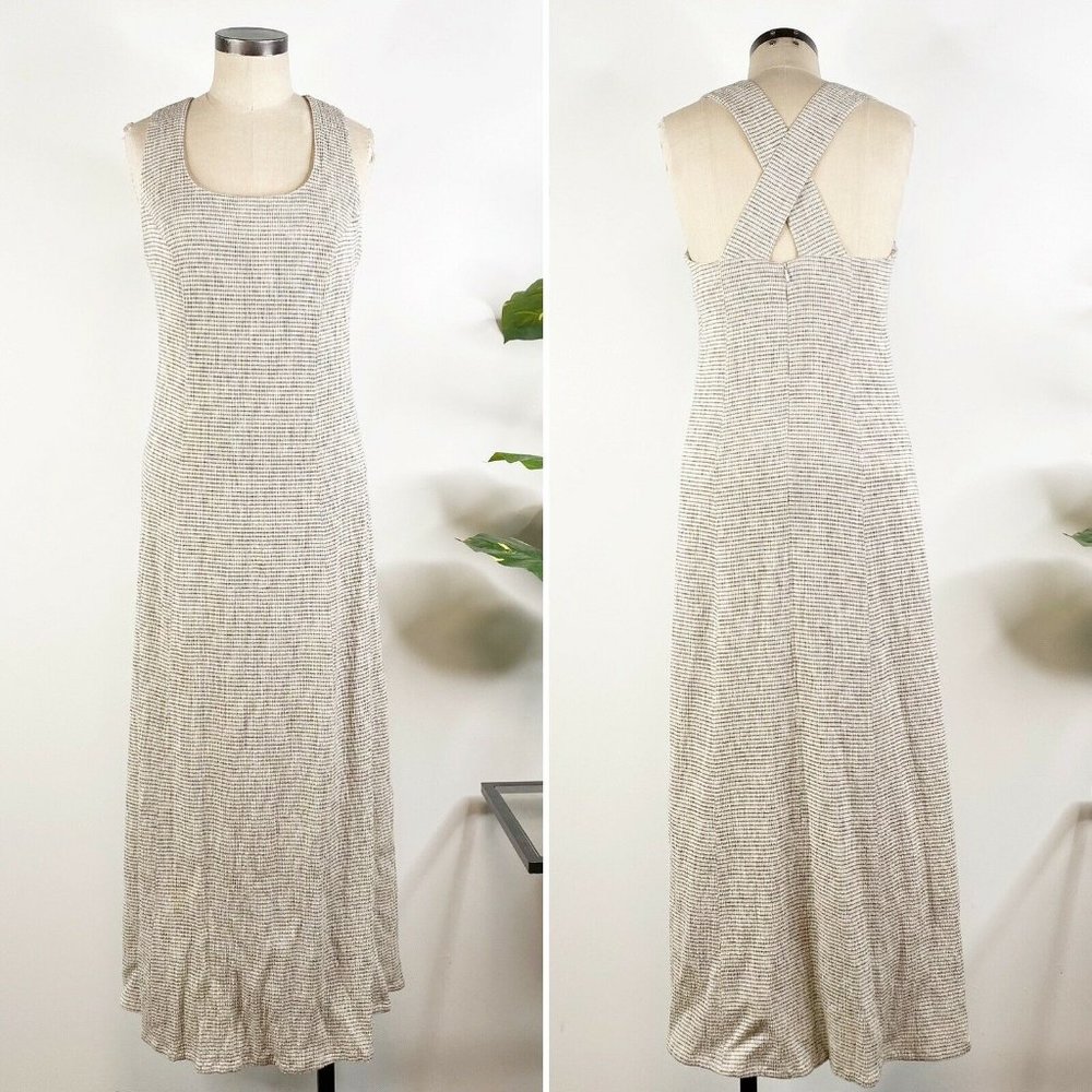 Vintage Tyler Boe Linen Blend Maxi Tank Dress 8 Beige Black Check Cross Back